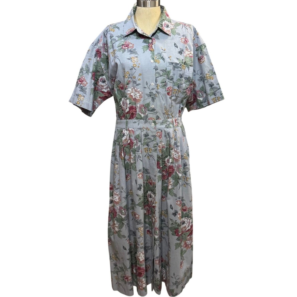 VTG Talbots 16 Blue Floral Cotton Short Sleeve Midi Shirt Dress Side Pockets